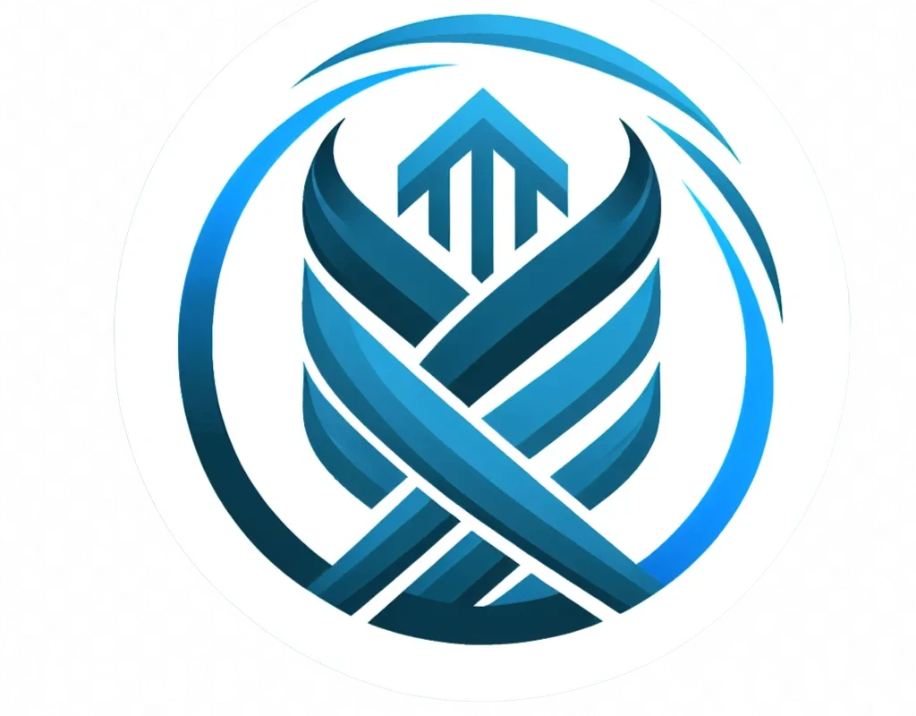 In der Header-Vorlage ist ein blau-weißes Logo mit einem Pfeil in der Mitte enthalten.