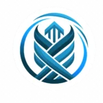 In der Header-Vorlage ist ein blau-weißes Logo mit einem Pfeil in der Mitte enthalten.