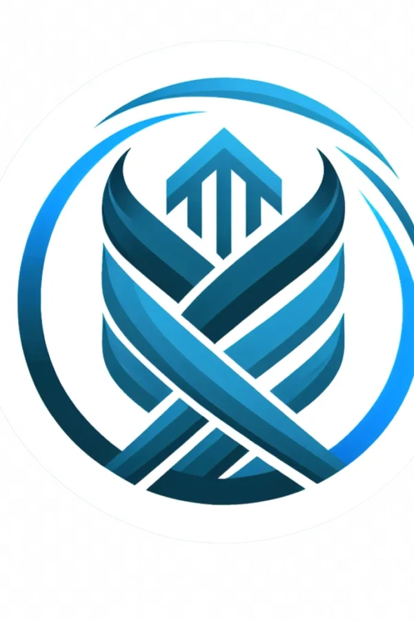 In der Header-Vorlage ist ein blau-weißes Logo mit einem Pfeil in der Mitte enthalten.