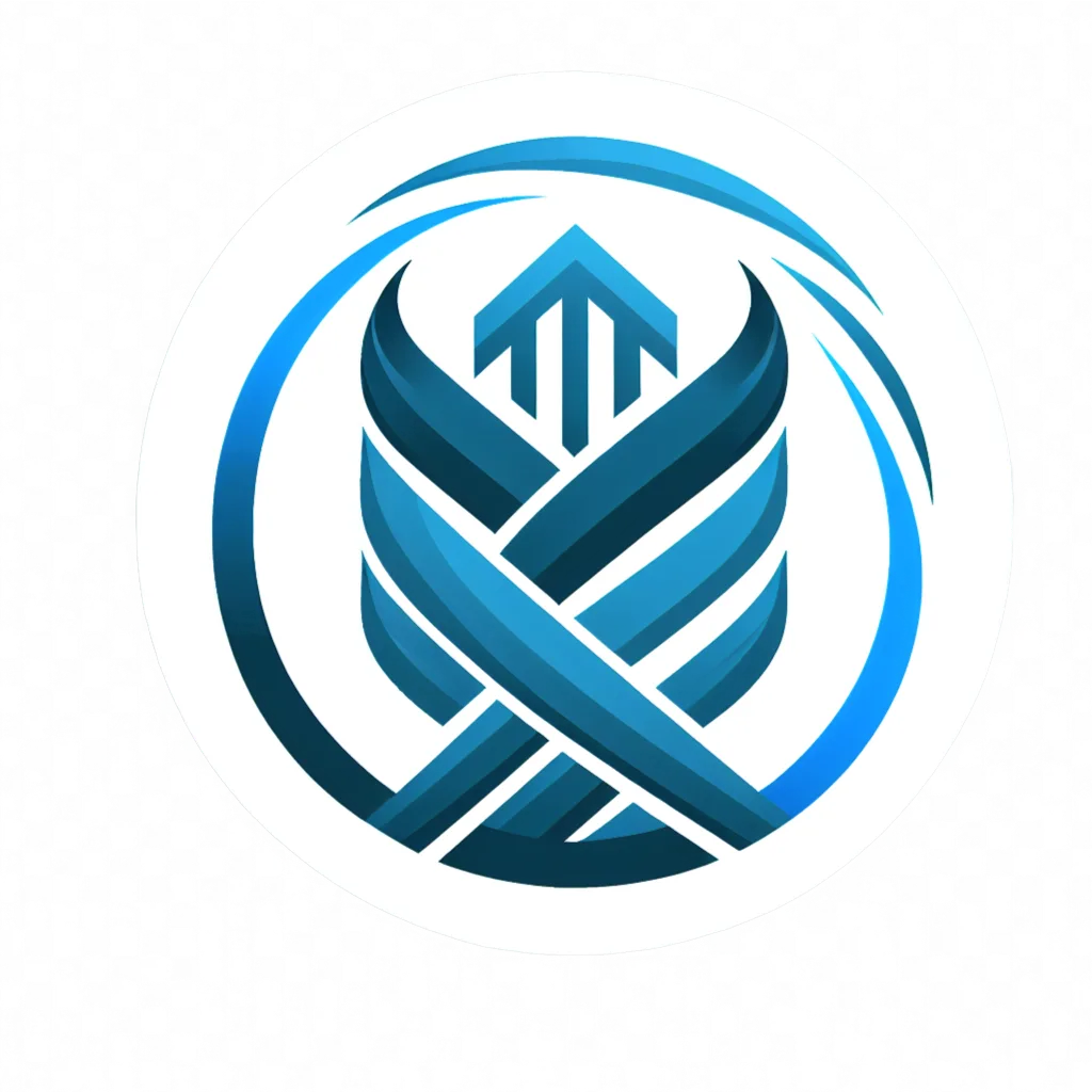 In der Header-Vorlage ist ein blau-weißes Logo mit einem Pfeil in der Mitte enthalten.
