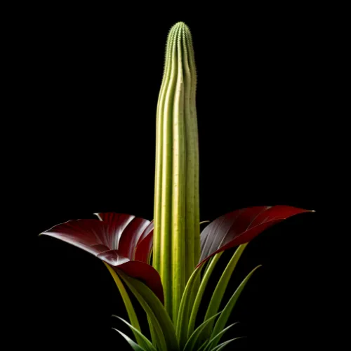 Ein leuchtender Amorphophallus titanum, auch bekannt als „Leichenblume“, beginnt zu blühen, vor einem schwarzen Hintergrund.