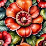 Detaillierte Illustration von leuchtend roten Blüten mit dunklen Blättern.