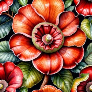Detaillierte Illustration von leuchtend roten Blüten mit dunklen Blättern.