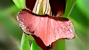 Eine Nahaufnahme einer rötlich-rosa Blütenknospe inmitten grüner Blätter.