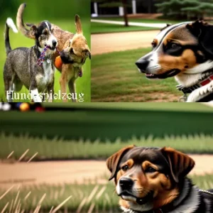Collage von verspielten Hunden mit einem Spielzeug und Nahaufnahmen in einer Übersicht.