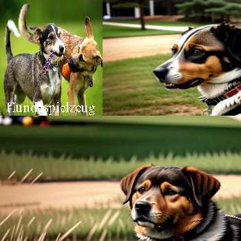 Collage von verspielten Hunden mit einem Spielzeug und Nahaufnahmen in einer Übersicht.