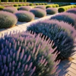 Ordentlich angeordnete Lavendelbüsche in einer geometrischen Gartengestaltung.