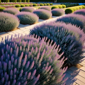 Ordentlich angeordnete Lavendelbüsche in einer geometrischen Gartengestaltung.