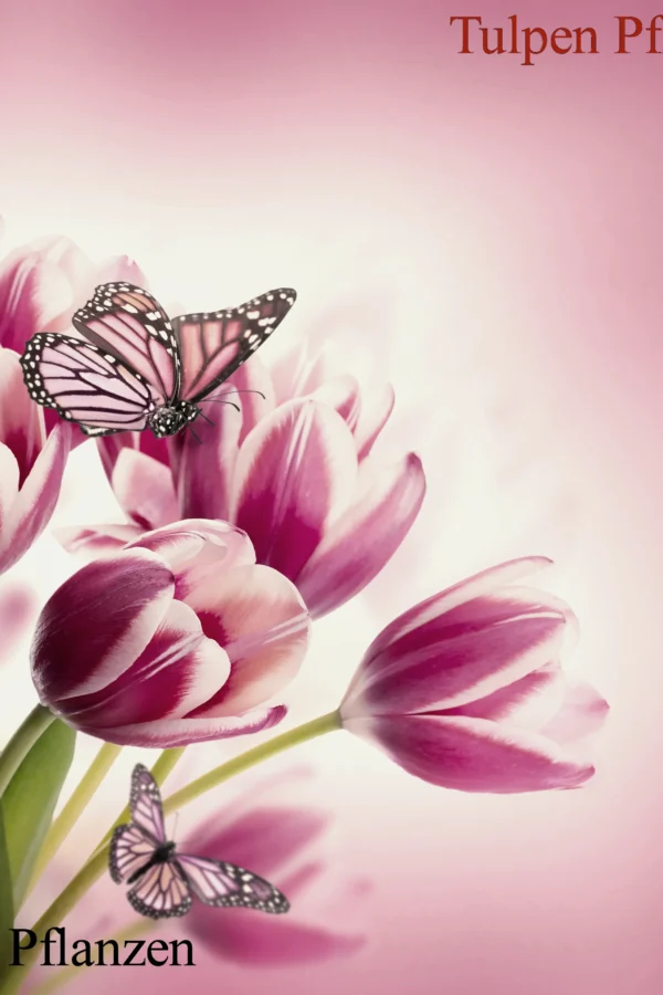 Rosa Tulpen mit weißen Rändern und grünen Stielen, begleitet von Schmetterlingen. Die Worte „Tulpen Pflanzen“ erscheinen in der oberen rechten und unteren linken Ecke des Bildes und zeigen diese wunderschönen Blumen, die unter idealen Tulpen-Lichtverhältnissen gedeihen.