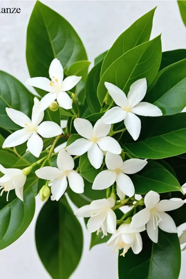 Jasmin-Zimmerpflanze mit grünen Blättern, Nahaufnahme auf neutralem Hintergrund.