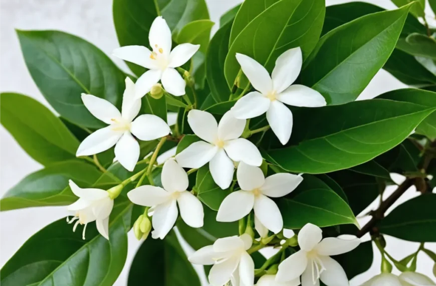 Jasmin-Zimmerpflanze mit grünen Blättern, Nahaufnahme auf neutralem Hintergrund.