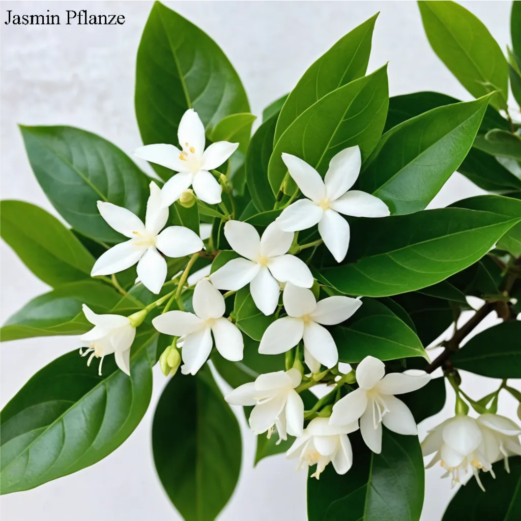 Jasmin-Zimmerpflanze mit grünen Blättern, Nahaufnahme auf neutralem Hintergrund.