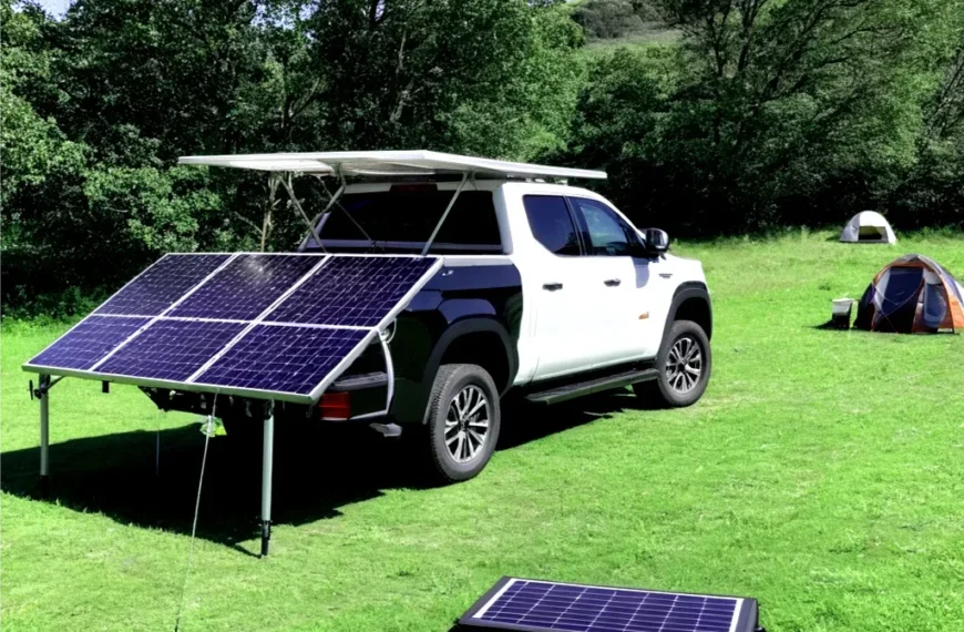 Ein weißer Pickup-Truck mit angebrachten Solarmodulen, der unter einem klaren Himmel auf einer Wiese in der Nähe eines Campingzelts geparkt ist.