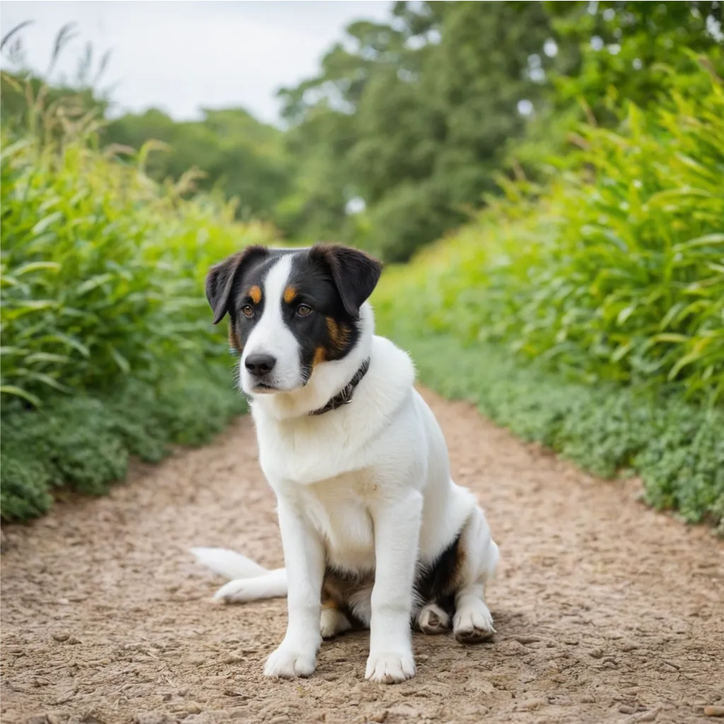 Ein schwarz-weißer Hund sitzt auf einem Feldweg, umgeben von grünem Laub, und blickt direkt in die Kamera.