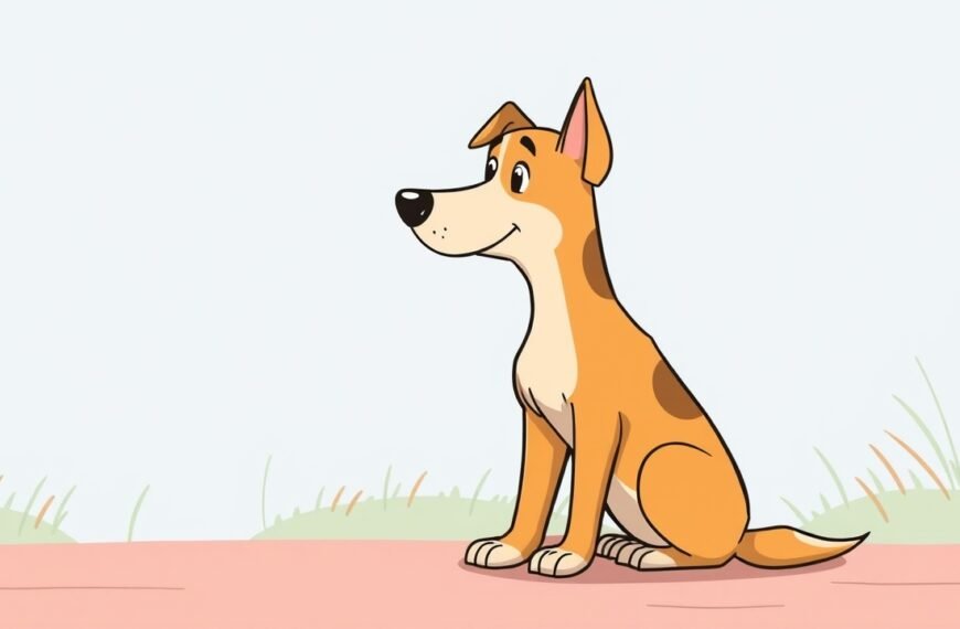 Ein Cartoon-Hund mit hellbraunen und dunkelbraunen Flecken sitzt auf einer rosa Fläche mit Gras im Hintergrund.