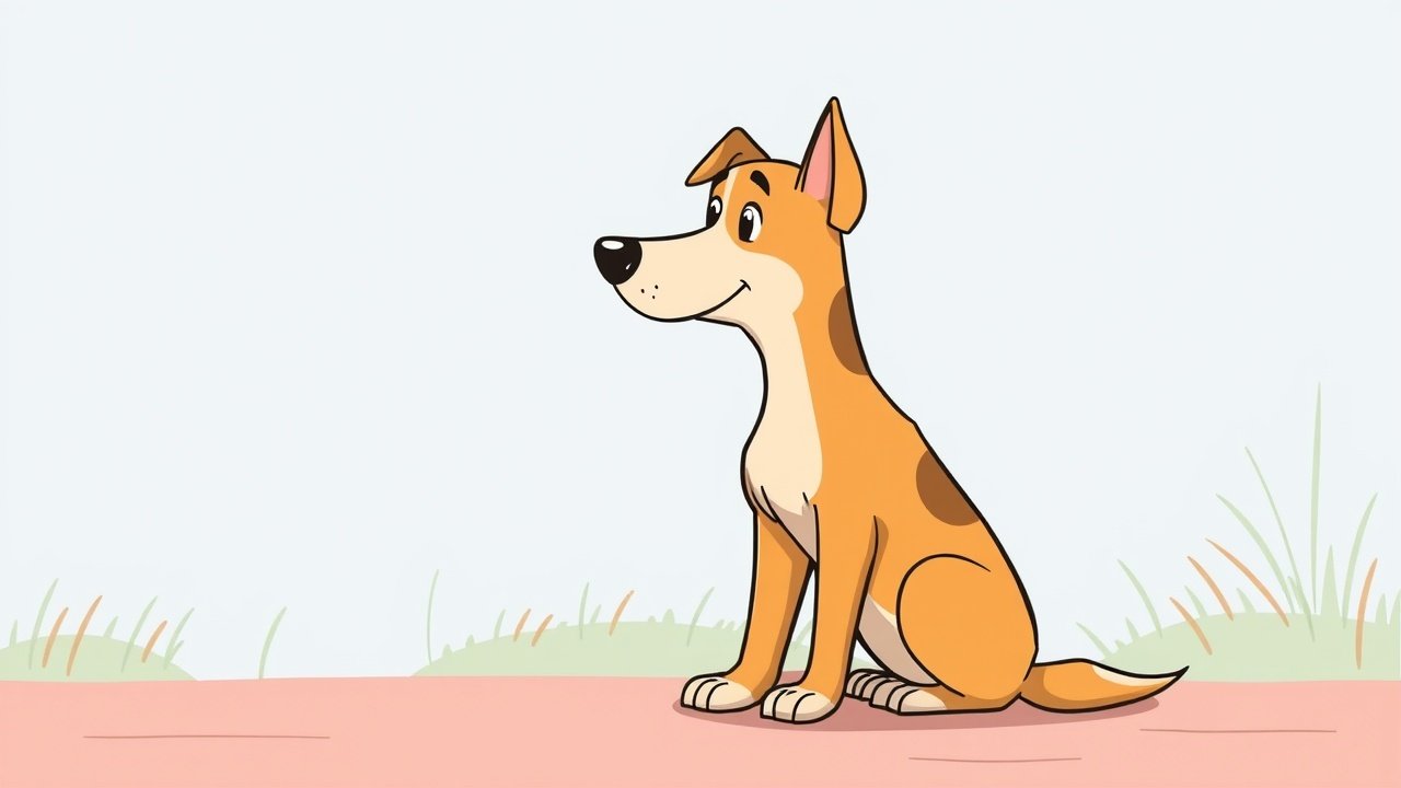 Ein Cartoon-Hund mit hellbraunen und dunkelbraunen Flecken sitzt auf einer rosa Fläche mit Gras im Hintergrund.