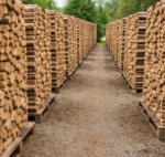 Stapel von sauber geschnittenem Brennholz sind in Reihen auf Holzpaletten entlang eines Kiesweges angeordnet und zeigen, wie man Brennholz richtig lagert, mit grünen Bäumen im Hintergrund.