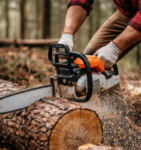 Mit Handschuhen schneidet eine Person mit der Kettensäge einen Baumstamm im Wald, wobei Holzspäne fliegen - eine praktische Art, Brennholz selbst zu machen.
