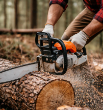 Mit Handschuhen schneidet eine Person mit der Kettensäge einen Baumstamm im Wald, wobei Holzspäne fliegen - eine praktische Art, Brennholz selbst zu machen.