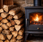 Gestapeltes Kaminholz neben einem schwarzen Holzofen mit sichtbarem Feuer vor dem Hintergrund einer Steinmauer.