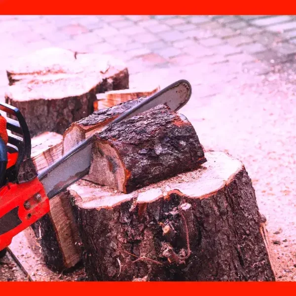 Eine Person, die Handschuhe trägt, schneidet mit einer der besten Motorsägen ein Holzstück von einem Baumstumpf ab; in der Nähe liegen Sägespäne und andere abgesägte Holzstücke verstreut.