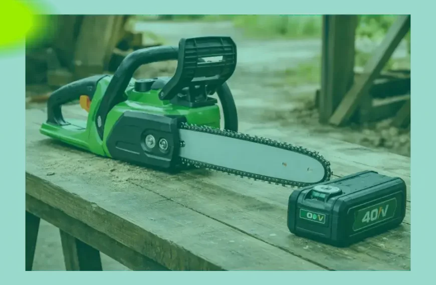 Eine grüne Akku-Kettensäge, die als eine der besten Akku-Kettensägen gilt und mit einem 40-V-Akku ausgestattet ist, liegt draußen auf einem Holztisch.