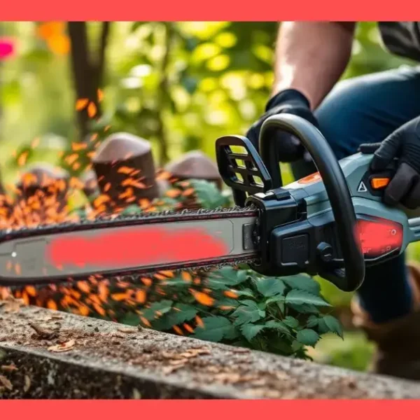 Eine Person, die Handschuhe trägt, sägt im Freien mit einer Kettensäge einen Baumstamm durch, wobei orangefarbene Funken aus dem Sägeblatt sprühen.
